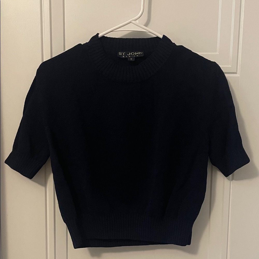 St. John Dark Blue Santana Short Sleeve Cropped Knit Top